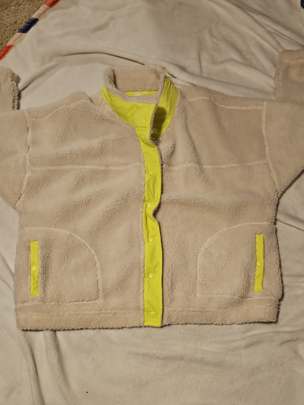 Old Navy Beige Sherpa Jacket with Neon Yellow Trim